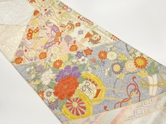 佐賀錦切り嵌め風源氏車に花々・蝶・鳳凰模様織出し袋帯